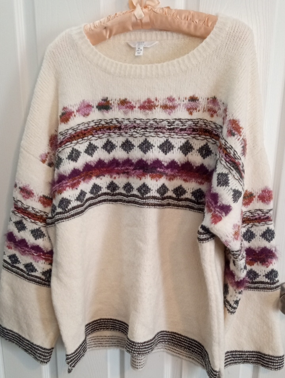 TIME & TRU Cream Fair Isle Knit Sweater with Purple and Brown Accents
